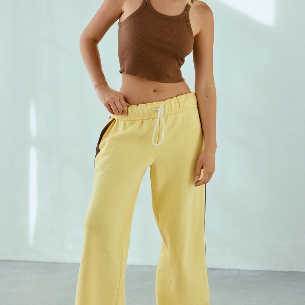 Urban Outfitters Yellow Wide-Leg Drawstring Track Pants with Brown Side Trim